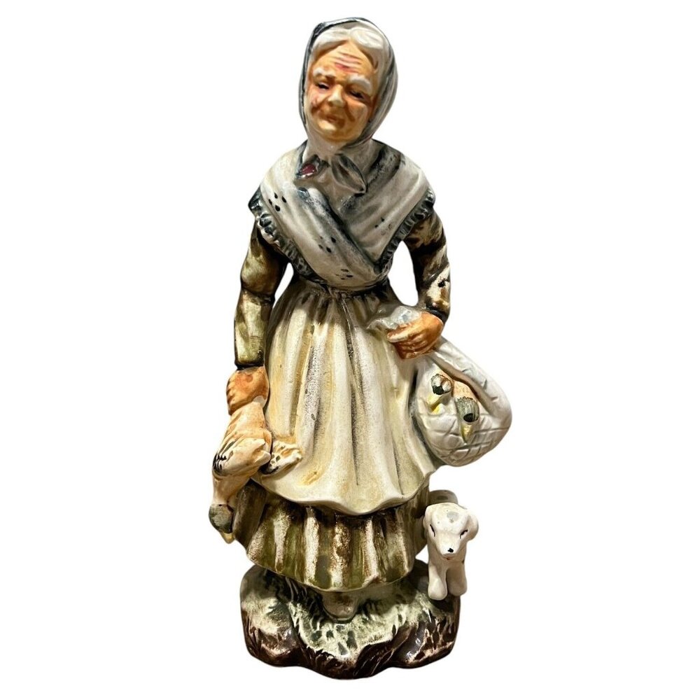 Vintage Enesco Japan Peasant Farmer Ceramin Woman Figurine Hunting Dog 60's READ